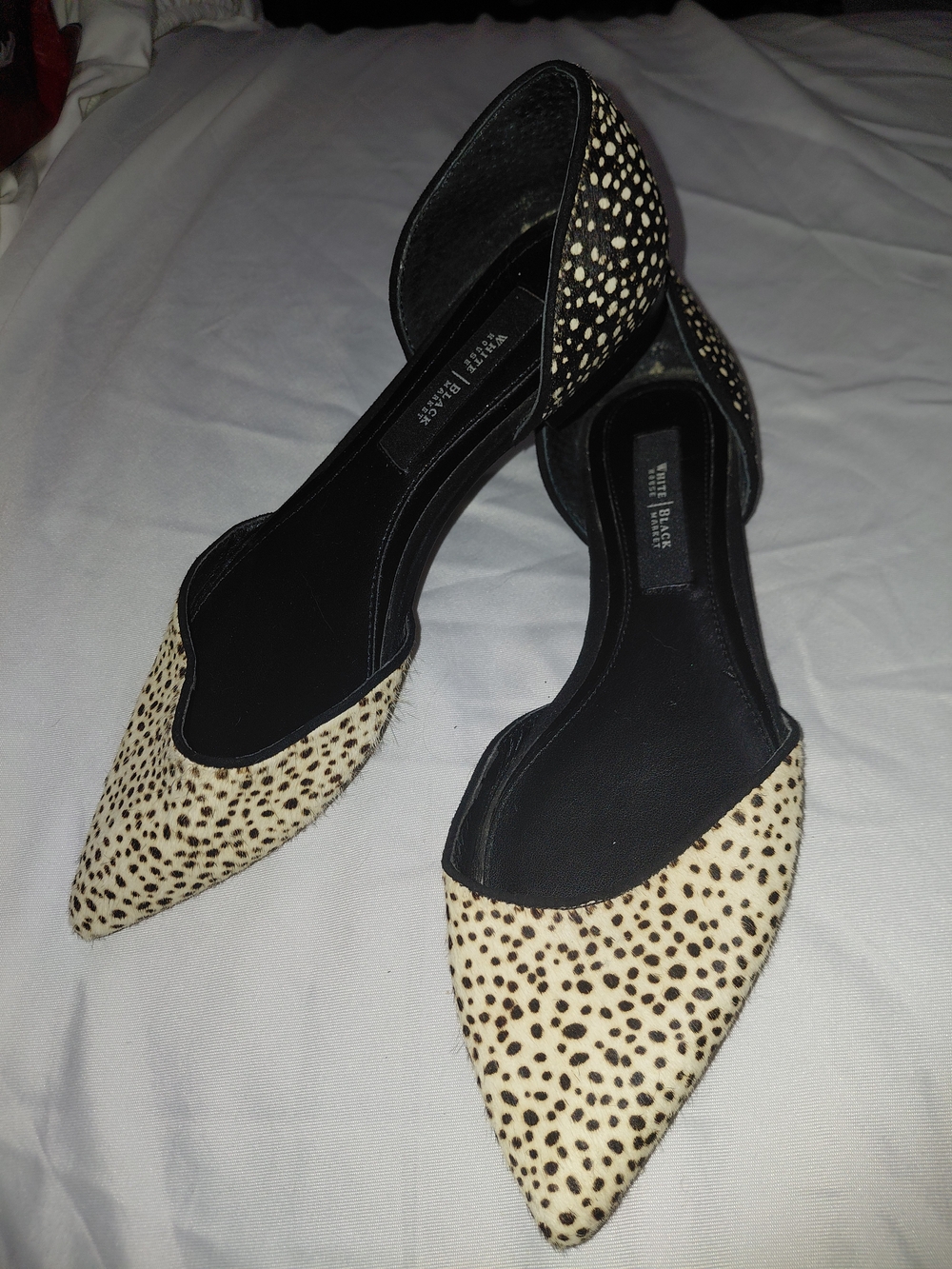 White House Black Market Black and Cream Spotted Pointed D'Orsay Flats 6M